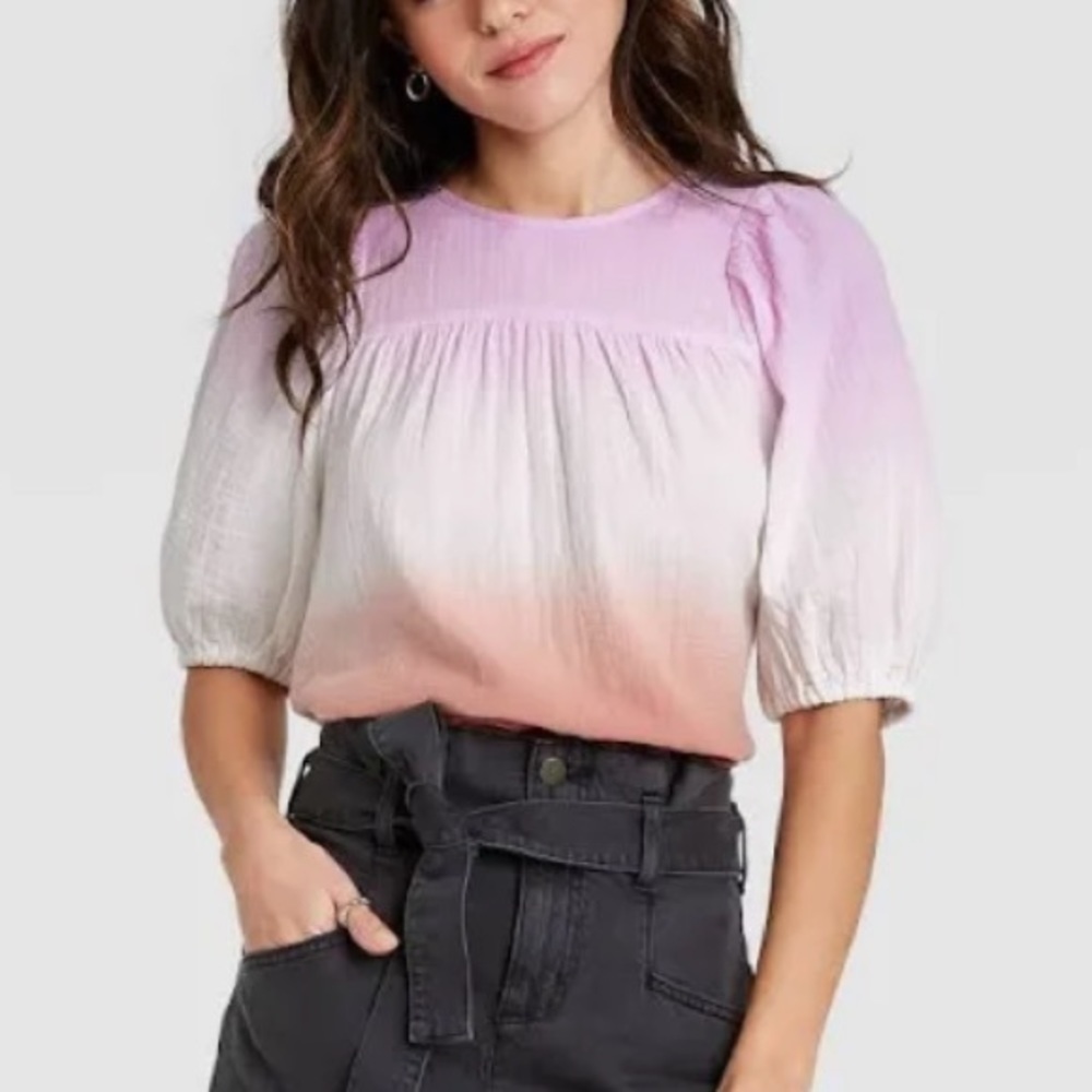(S)- Universal Thread Women's Tops Dip-Dye Puff Sleeve Gauze Blouse‎